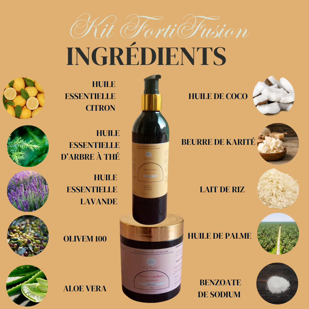 Kit Revitalia AZAELY : Shampooing (VoluBrillance) & le soin capillaire (FortiSoin) pour des cheveux sains, fort, brillance, et volumineux