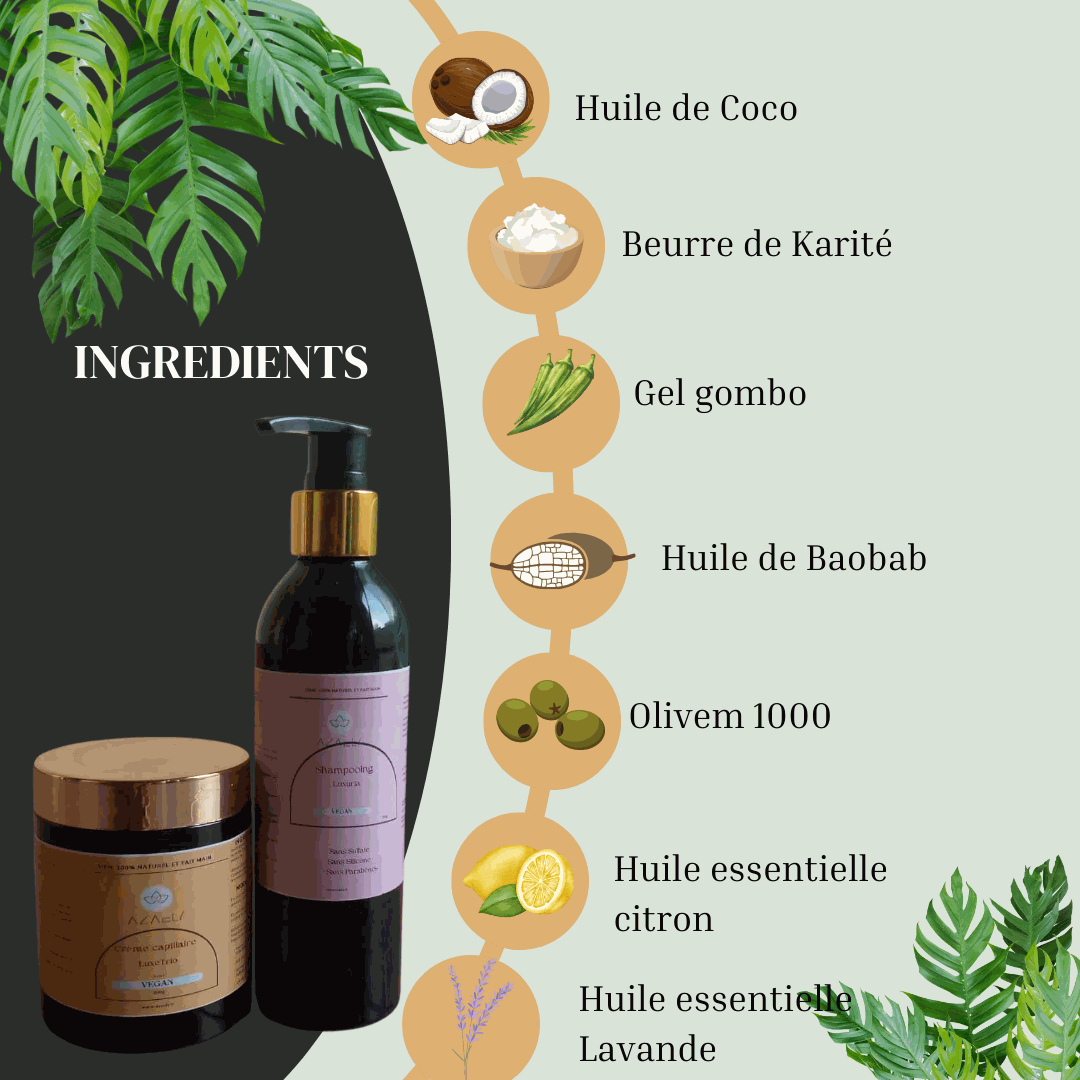 Kit Curluxe AZAELY : Shampoing hydratation intence (Luxuria) & Crème capillaire (LuxeTrio) pour cheveux bouclés, texturés, afro, frisés