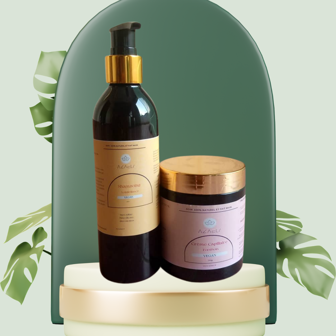 Kit Revitalia AZAELY : Shampooing (VoluBrillance) & le soin capillaire (FortiSoin) pour des cheveux sains, fort, brillance, et volumineux