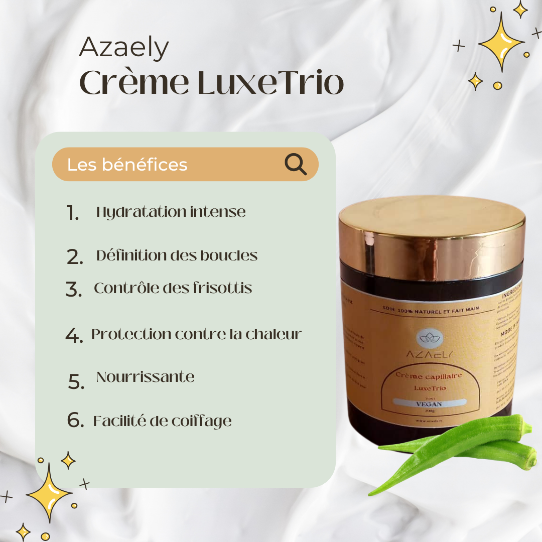 Crème capillaire, conditioneur, soins sans rinçage, démélant, curl cream (LuxeTrio) AZAELY pour les cheveux texturés, bouclés, afro et frisés