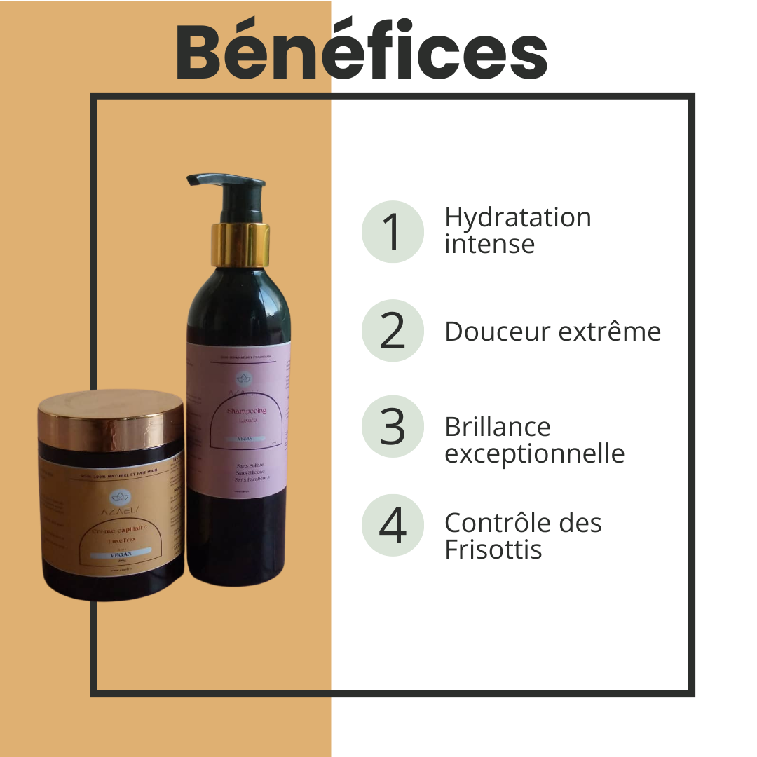 Kit Curluxe AZAELY : Shampoing hydratation intence (Luxuria) & Crème capillaire (LuxeTrio) pour cheveux bouclés, texturés, afro, frisés